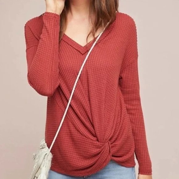 Akemi + Kin Anthropologie waffle knit tie front top‎ in red (s) - Picture 1 of 4